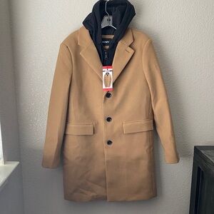 DKNY Mens Overcoat Tan Faux Wool Pockets Removable Bib Hood Heavyweight M